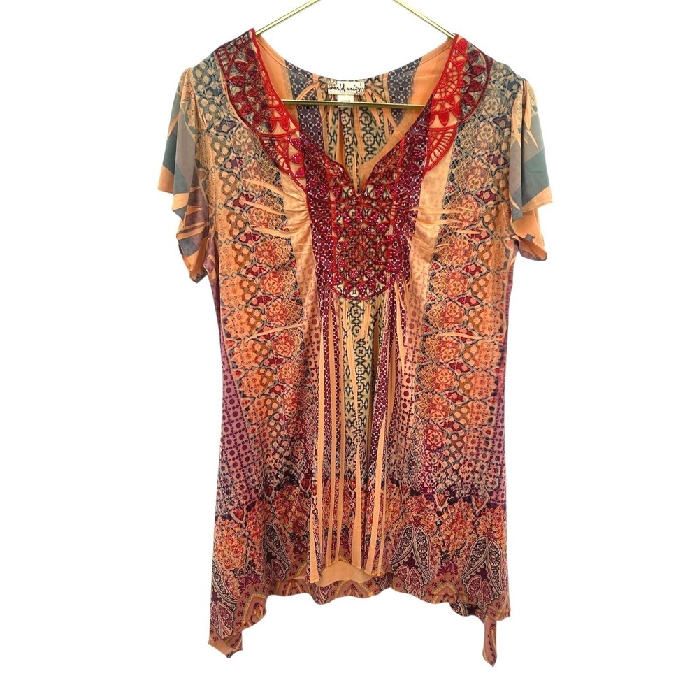 Boho Fairy Beaded Statement Tunic Top L Flowy Embroidered Festival Whimsigoth